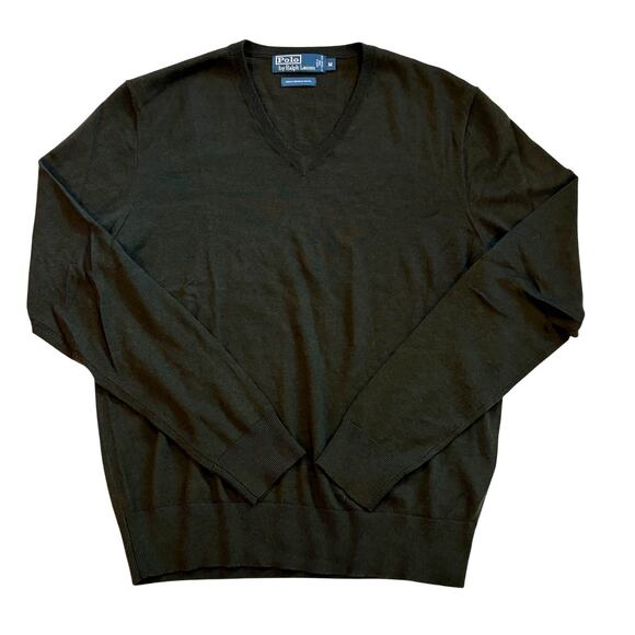 Vtg Polo Ralph Lauren Sweater Men Med Dark Green V Neck Merino Wool Long Sleeve - Picture 1 of 8